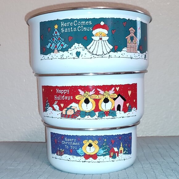 Christmas Metal Pots Nesting Bowls Metal Vintage Santa Beary Xmas Reindeer - Picture 1 of 11